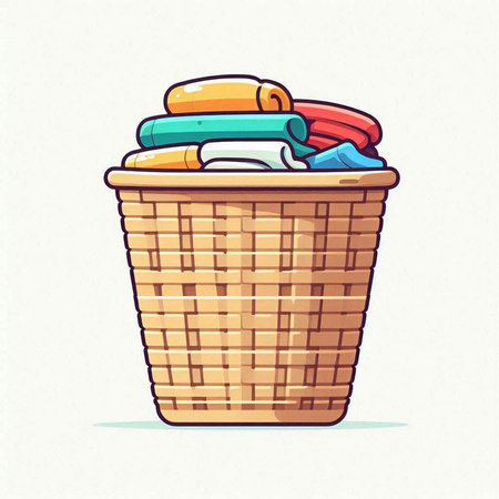 Vector illustration of a basket full of clothes. Colored flat style.のイラスト素材