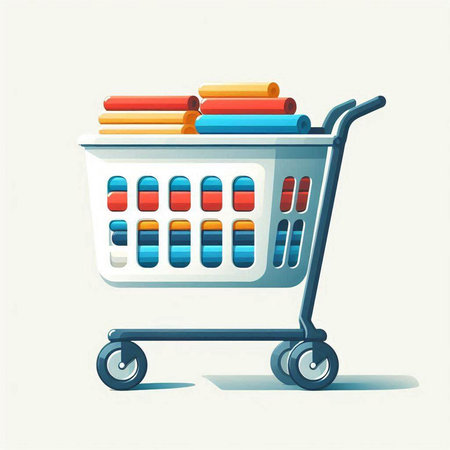 Shopping cart with a lot of clothes. Vector illustration in cartoon style.のイラスト素材