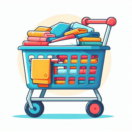 Cart with shopping cart full of food. Vector illustration in flat styleのイラスト素材