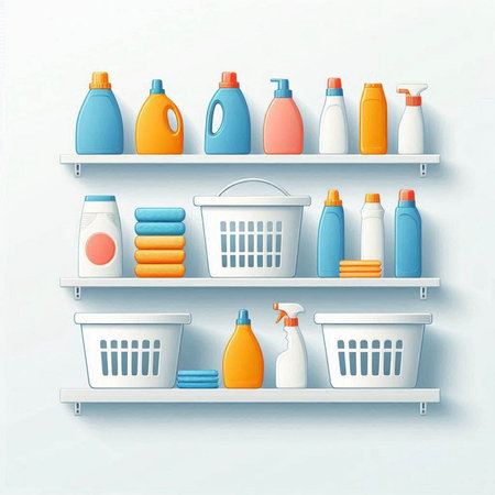 Shelves with cleaning products. Vector illustration in retro style.のイラスト素材