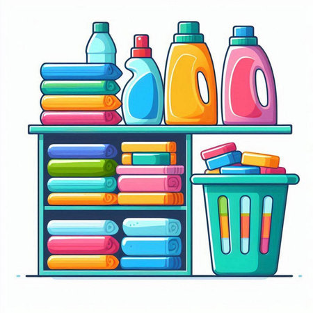 Vector illustration of a shelf with cleaning products. Cleaning service.のイラスト素材
