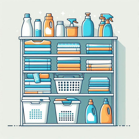 Detergents and cleaning products on shelf in bathroom. Vector illustration.のイラスト素材