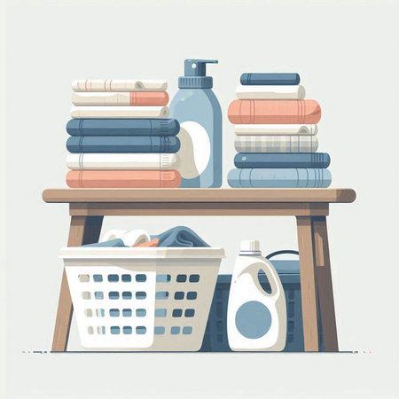 Laundry basket with towels and detergent. Vector illustration.のイラスト素材