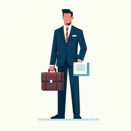 Businessman with briefcase and documents. Vector illustration in flat styleのイラスト素材