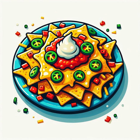 Mexican nachos with salsa, guacamole, cheese and tomato. Vector illustrationのイラスト素材