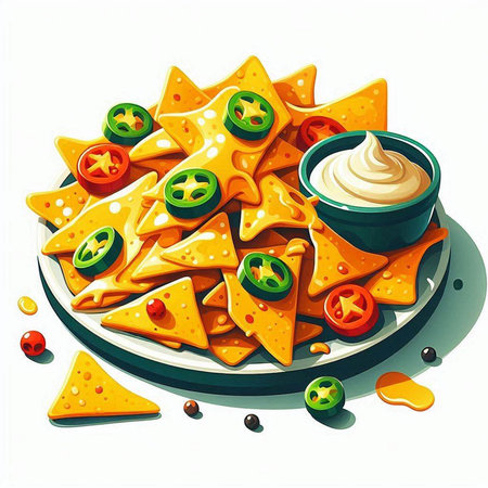 Illustration of a plate of nachos with cheese and sauceのイラスト素材