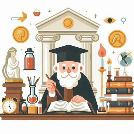 Cartoon illustration of judge sitting at the table with books and diplomaのイラスト素材