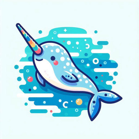 Cute cartoon narwhal on blue background. Vector illustration.のイラスト素材