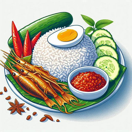 Illustration of a plate with fish, rice, egg and vegetablesのイラスト素材