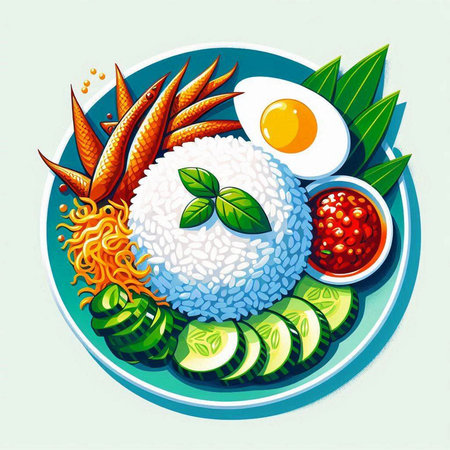 japanese food, rice with vegetables and egg on a plateのイラスト素材