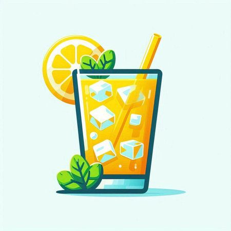Glass of lemonade with ice cubes and mint leaves. Vector illustration.のイラスト素材