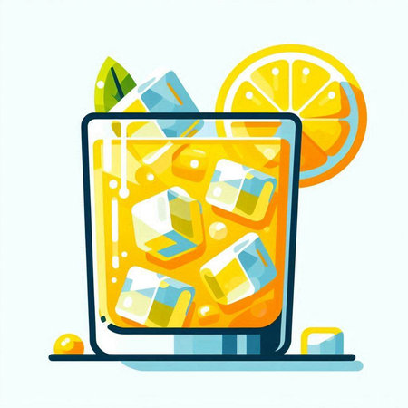Glass of orange juice with ice cubes. Vector illustration in flat styleのイラスト素材