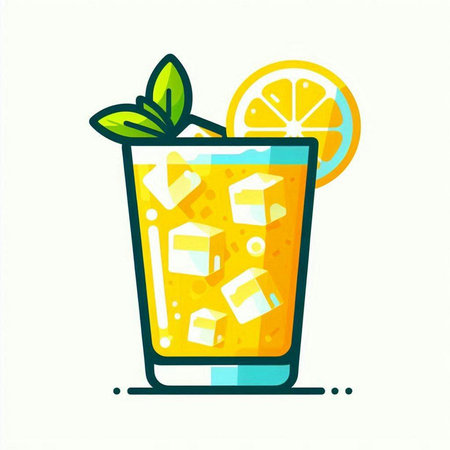 Glass of lemonade with ice cubes and lemon slice. Vector illustration.のイラスト素材