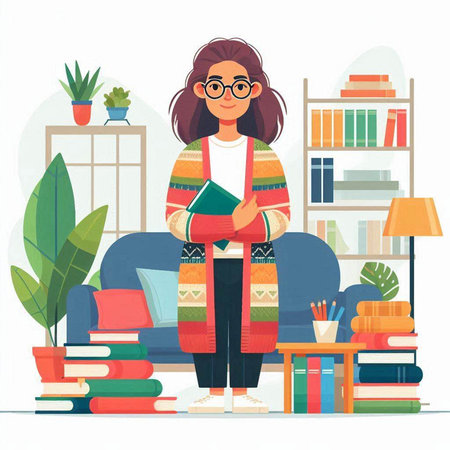 Young woman studying at home. Female character in casual clothes and eyeglasses standing near bookshelves. Vector illustrationのイラスト素材