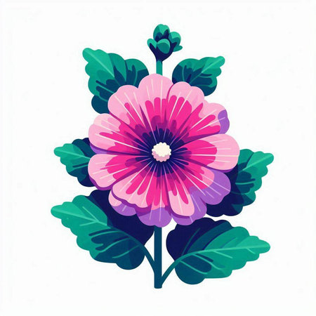 Illustration of pink and purple flower with green leaves on white backgroundのイラスト素材