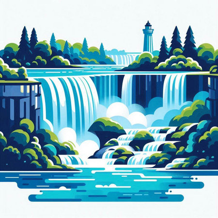 Waterfall on the river. Waterfall in the forest. Vector illustration.のイラスト素材