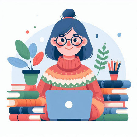 Cute girl with laptop and books. Vector illustration in flat styleのイラスト素材