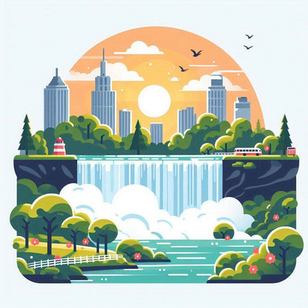Flat design modern vector illustration concept of urban landscape with river and city skyline.のイラスト素材