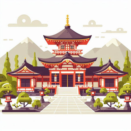 Vector illustration of chinese buddhist temple in flat style.のイラスト素材