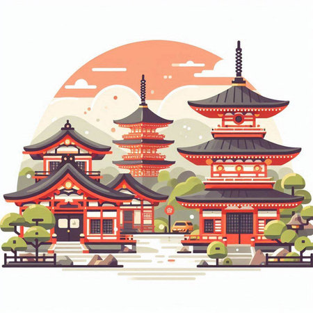 Pagoda and temple in Japan. Vector illustration in flat styleのイラスト素材