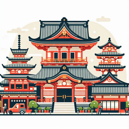 Vector illustration of Japanese temple in the style of a flat design.のイラスト素材
