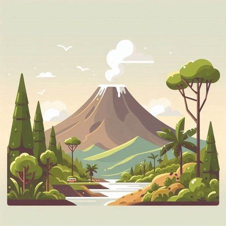 Landscape of volcano and forest in flat style. Vector illustration.のイラスト素材