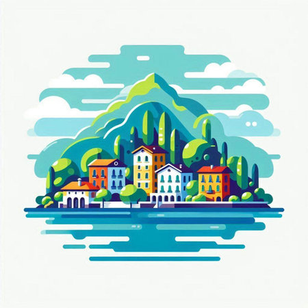 Vector illustration of a city landscape with houses, trees and mountains.のイラスト素材