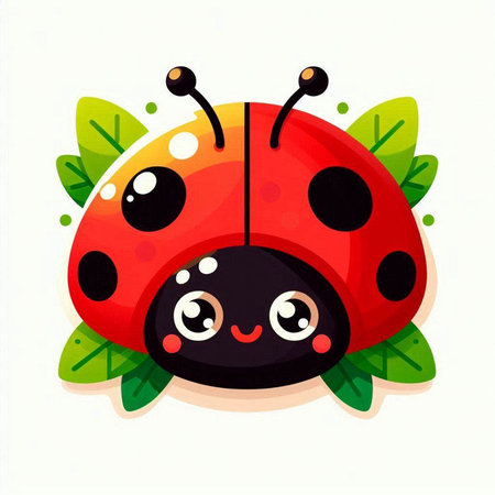 Cute cartoon ladybug with green leaves on white background. Vector illustration.のイラスト素材