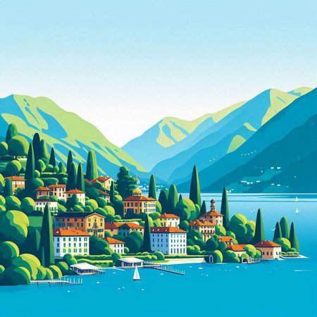 Landscape of Lake Como, Italy. Hand drawn illustration.のイラスト素材