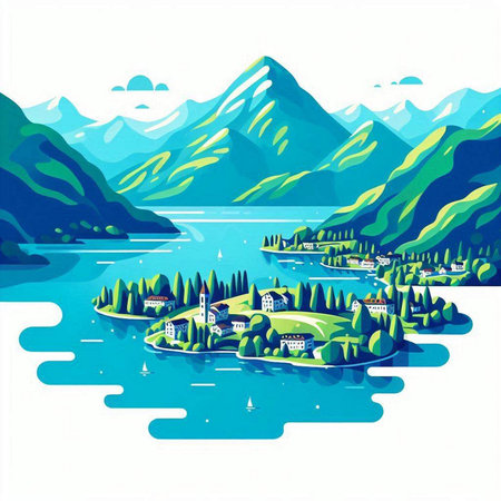 Landscape with mountains, lake and village. Vector illustration in flat styleのイラスト素材