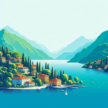 Beautiful landscape of Lake Como, Italy. Vector illustration.のイラスト素材