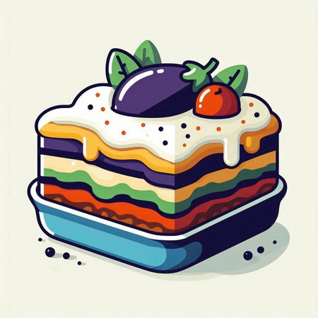 Colorful vector illustration of a piece of cake with cream and berriesのイラスト素材