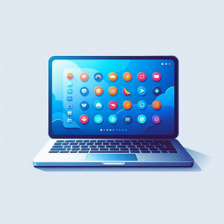 Laptop computer with colorful application icons on the screen. Vector illustration.のイラスト素材