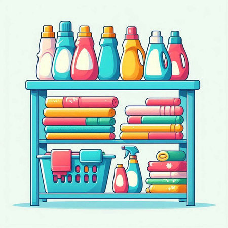 Vector illustration of a shelf with cleaning products in flat cartoon style.のイラスト素材