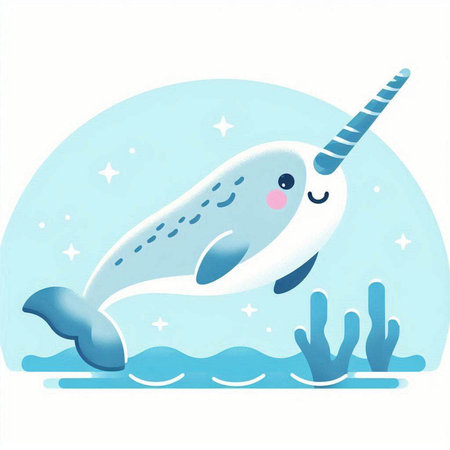 Cute cartoon narwhal in the sea. Vector illustration.のイラスト素材