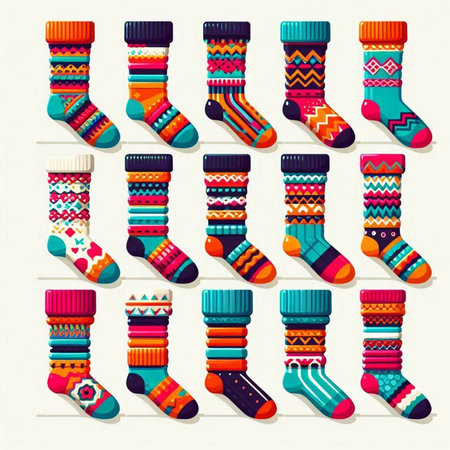 Set of colorful socks with different patterns on white background. Vector illustration.のイラスト素材