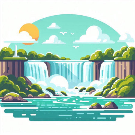 Waterfall in flat style. Waterfall on the river. Vector illustrationのイラスト素材