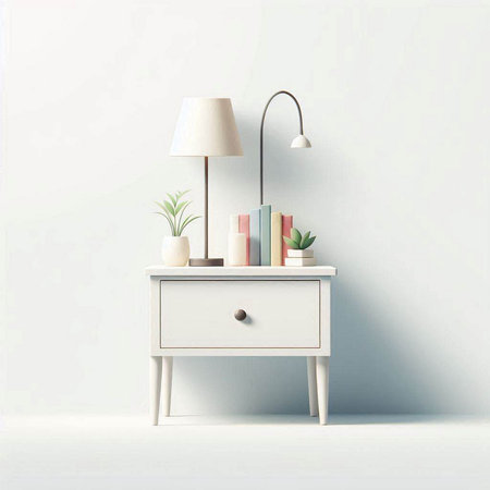 White chest of drawers with books and lamp on the wall.のイラスト素材