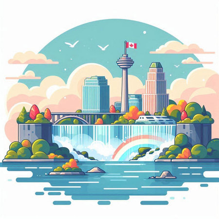 Autumn landscape with cityscape, river and rainbow. Vector illustrationのイラスト素材