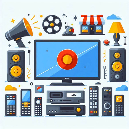 Set of flat design vector illustration concept of technology and entertainment. Collection of modern technologies and devices.のイラスト素材