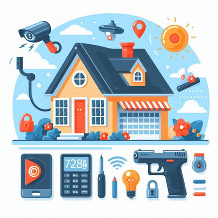 House with security camera, remote control, surveillance system. Flat vector illustration.のイラスト素材