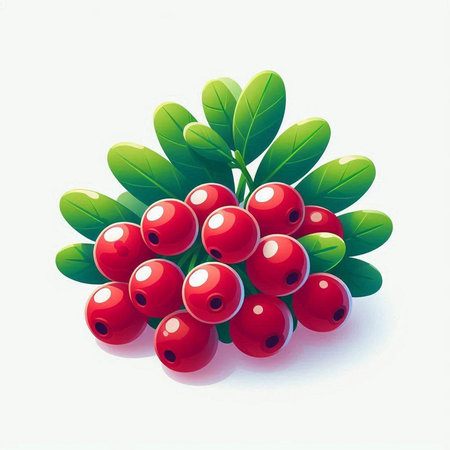 Bunch of red cranberries with green leaves on a white backgroundのイラスト素材