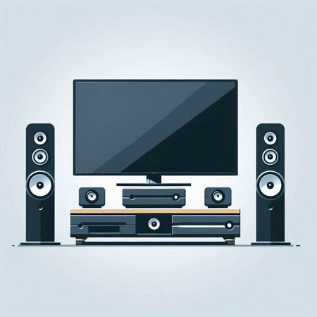 Vector illustration of modern home theater system with speakers on gray background.のイラスト素材