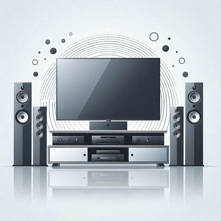 High-tech home theater system with TV and speakers. Vector illustration.のイラスト素材