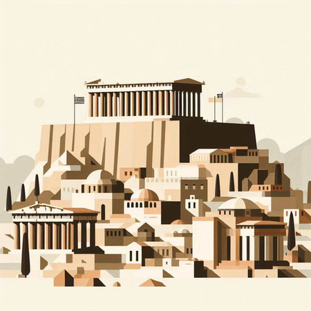 Athens Greece ancient city skyline in vintage style. Vector illustration.のイラスト素材