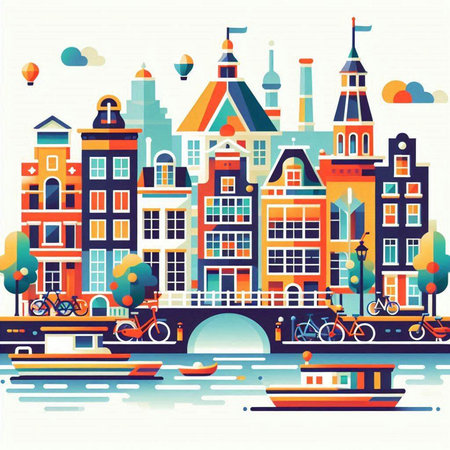 Amsterdam cityscape. Vector illustration in flat style. Can be used as background.のイラスト素材