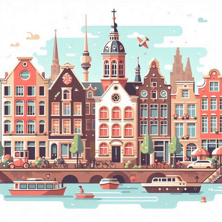 Amsterdam, Netherlands. Colorful hand drawn vector illustration in cartoon style.のイラスト素材