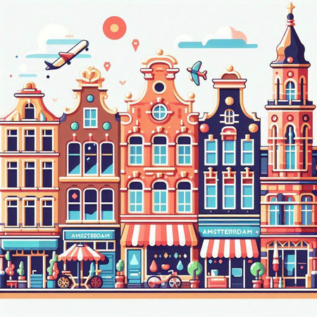 Amsterdam city street with old buildings, shops and cafes. Vector illustrationのイラスト素材