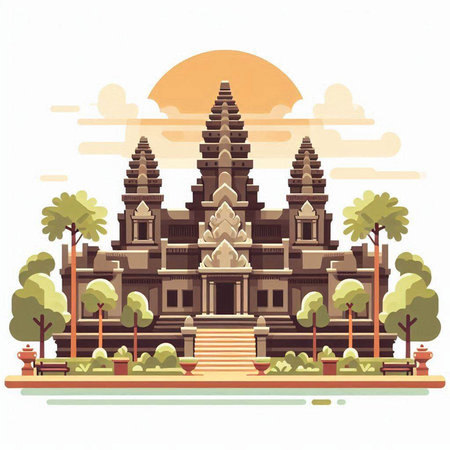 Angkor Wat temple, Cambodia. Vector illustration. Vintage style.のイラスト素材