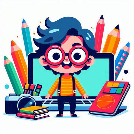 Cute cartoon schoolboy with glasses, glasses and laptop. Vector illustrationのイラスト素材
